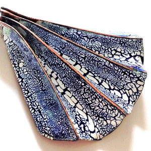 Blue Fan 2 | Copper and enamel | Height 3.2cm x Depth 8 cm x Width 7 cm | Foldformed copper with vitreous enamel and crackle glaze. Photo Cara Murphy