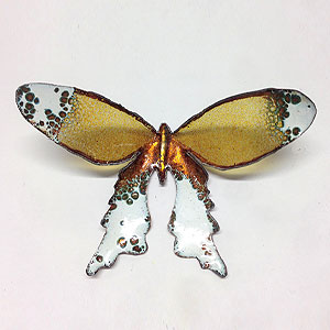 Fragile Life | Copper foil and vitreous enamel | Height 1 cm x Length 6cm x Width 10.4 cm | Copper foil is enamelled, high fired, then acid etched. Photo : Leanne McCormack. Image of enamelled butterfly